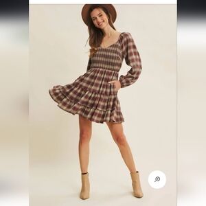 In February Plaid Long Sleeve Mini Dress